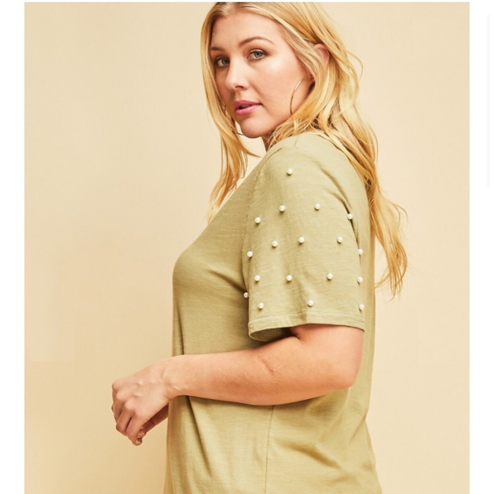 Larger Sizes Pearl Sleeve Olive Tee